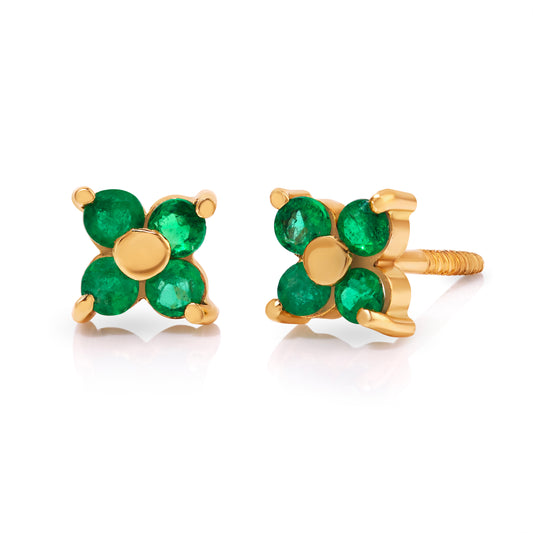 18k Natural Colombian Emerald Stud Earrings - Four-petal floral design