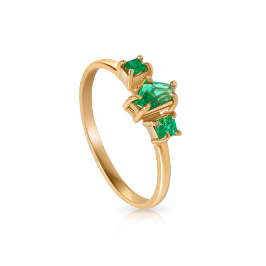 18K Yellow Gold Natural Emerald Trilogy Ring